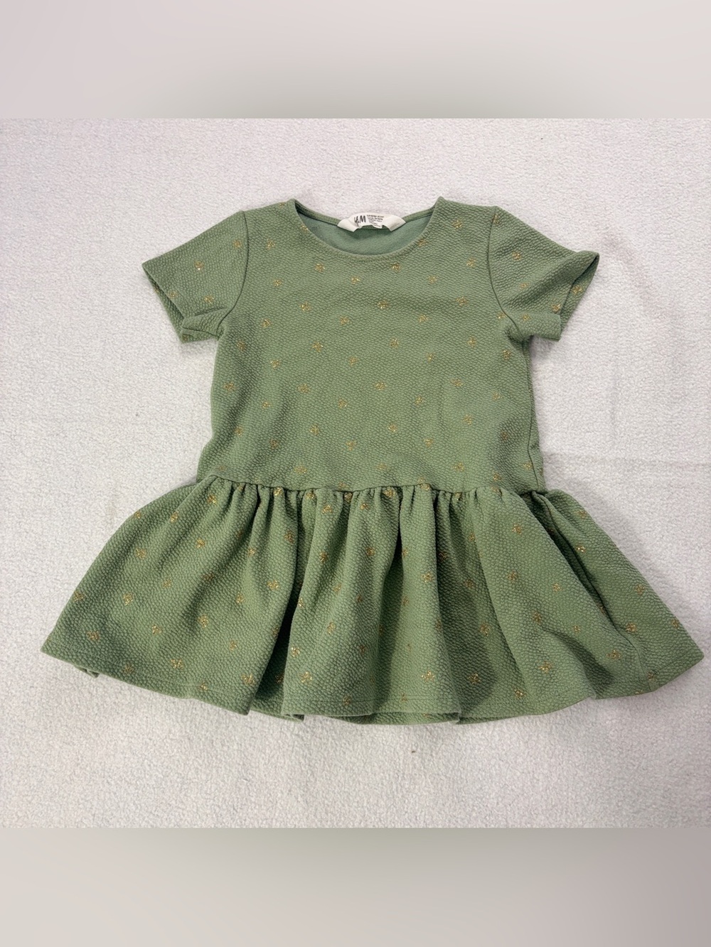 H&M Girls Green Textured Short Sleeve Dress Gold Stars Size 3-4Y / 104